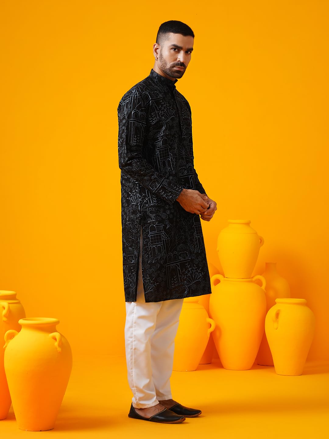 Sojanya (Since 1958 Men's Cotton Silk Kantha Thread Embroidered Black Long Kurta