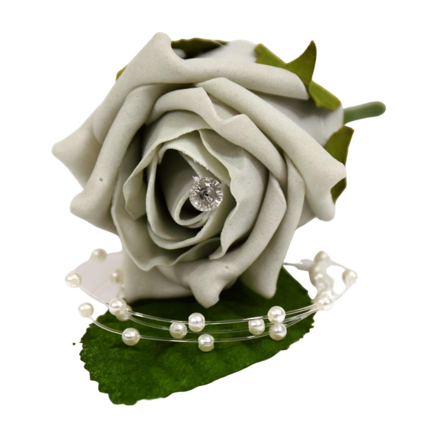 Shimmer-hj 5 Silver rose with pearl loop & diamante centre artificial foam wedding buttonholes. Bouquets, posy, corsage & wands available for bride, groom, bridesmaid, pageboys.