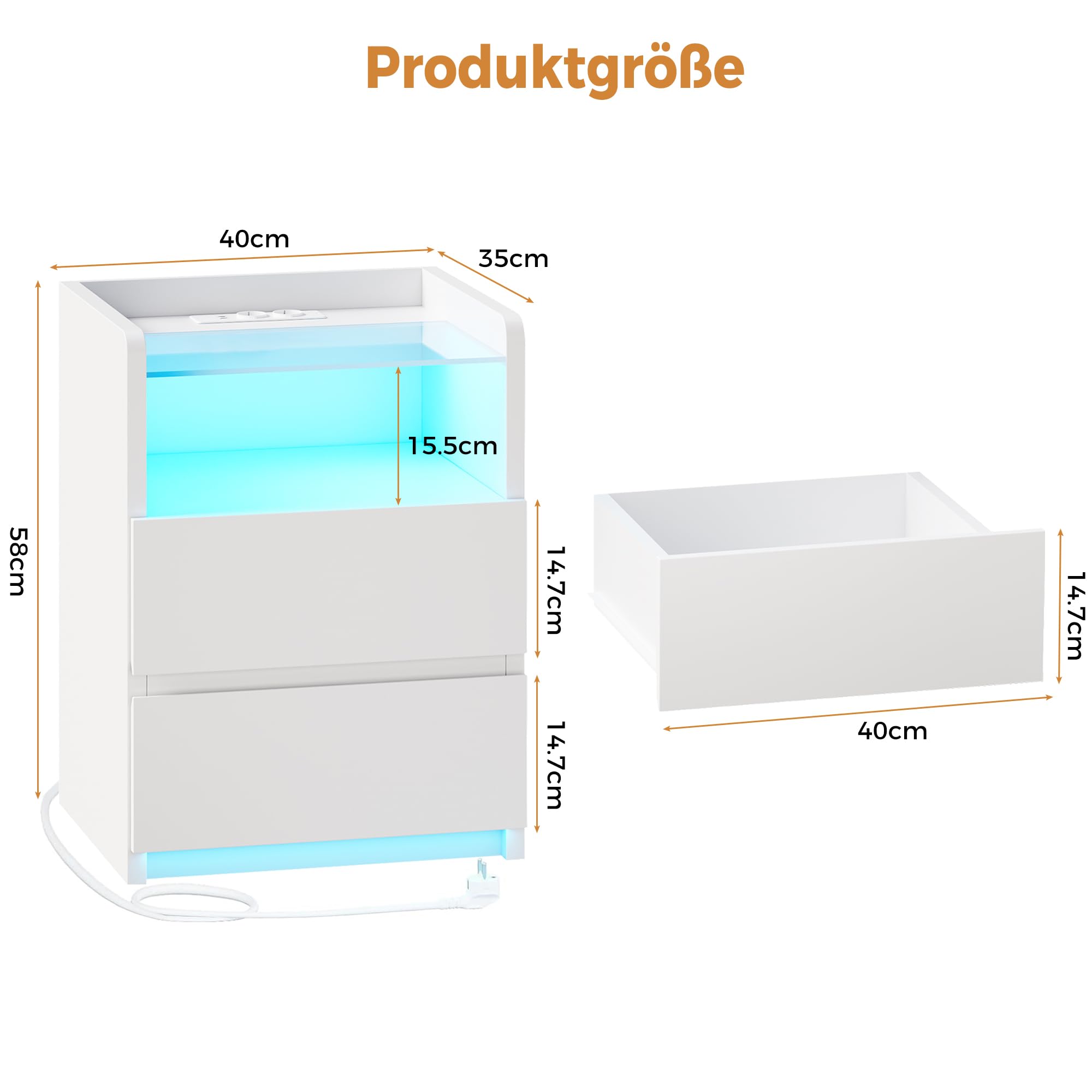 ANWBROAD Nachttisch 2er Set,Nachttisch mit Ladefunktion und LED-Licht, Glasplatte, Nachtschrank mit 2 Schubladen und 1 Offenes Fach, Beistelltisch mit Steckdose und USB-Anschlüssen, Weiß BNS001W