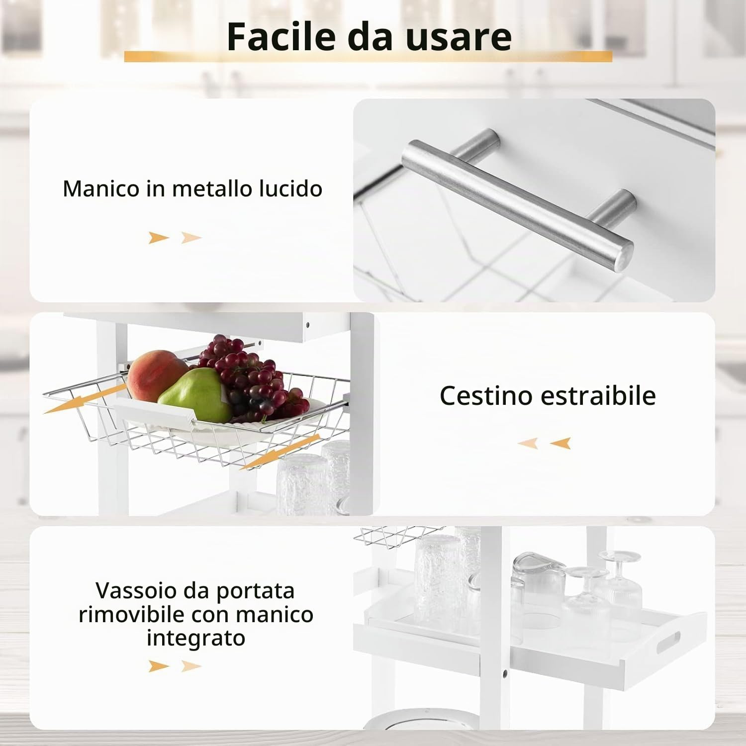 RELAX4LIFE Carrello da Cucina con Piano in Acciaio Inox, Cestello Metallico Estraibile,Vassoio e Ruote Bloccabili, Cassetto, per Cucina Sala da Pranzo (BIANCO)