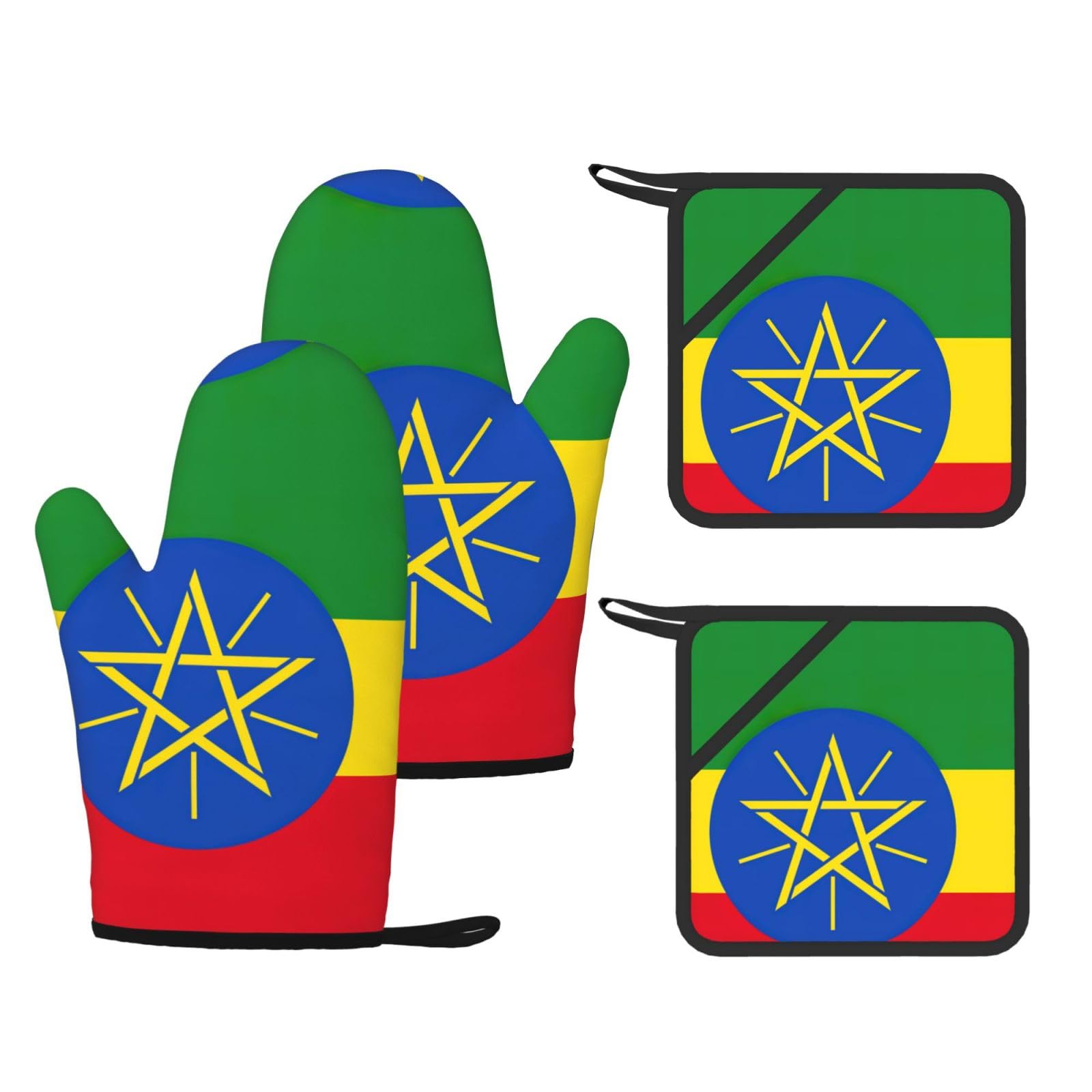 Flag of Ethiopia Fashion Printed Kitchen Kit with Heat Resistant Oven Mitts & Non-Slip Hot Pads for Baking