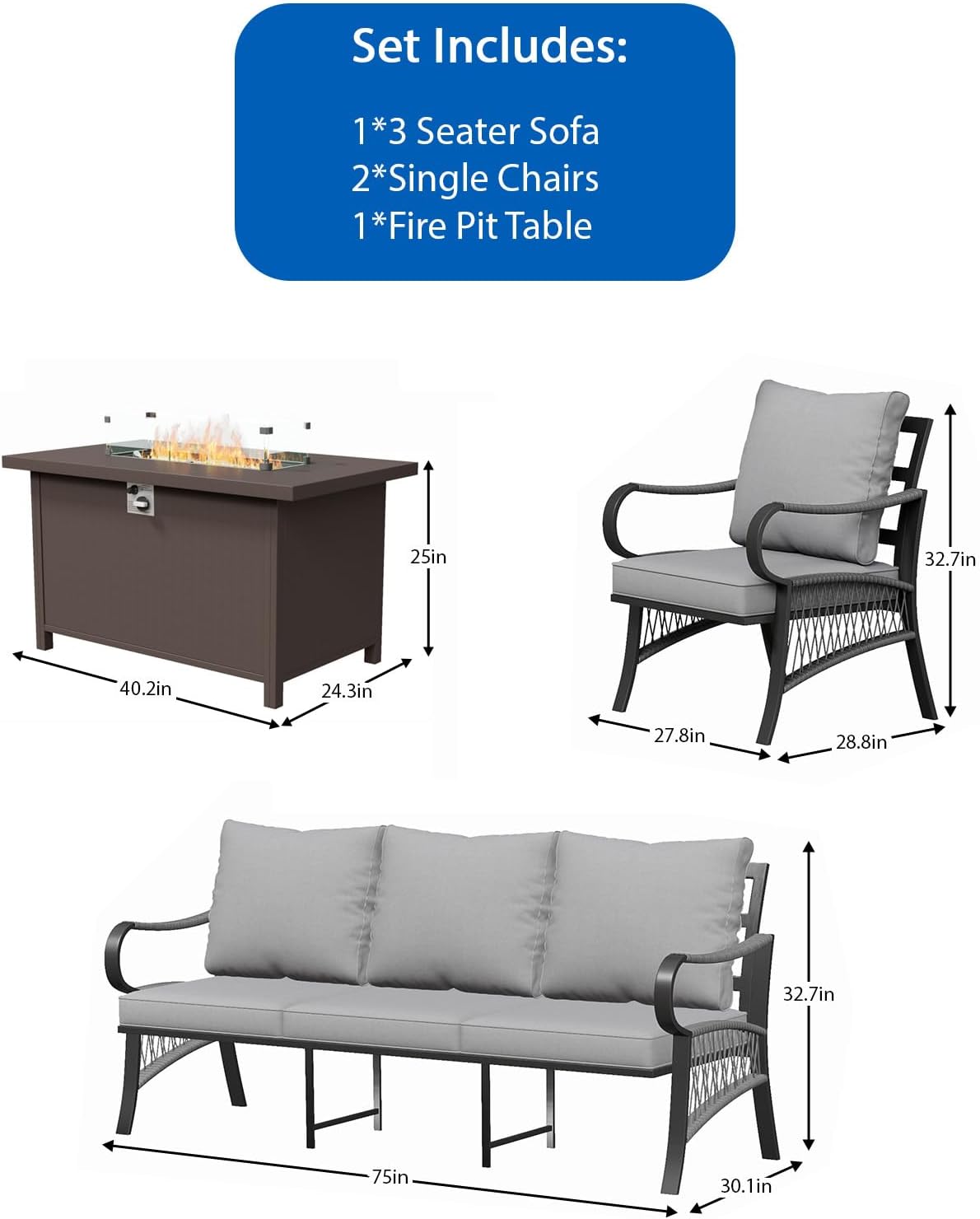 4 Piece Patio Furniture Set with 50000 BTU Propane Fire Pit Table, All Weather Metal Outdoor Conversation Sofa Set with Thick Cushions for Garden, Porch, Lawn, Grey