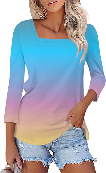 3/4 Length Sleeve Tops Women,Elbow Sleeve Workout Shirts Plain Basic Casual Blouse Square Neck Tunic Top Fall 2024