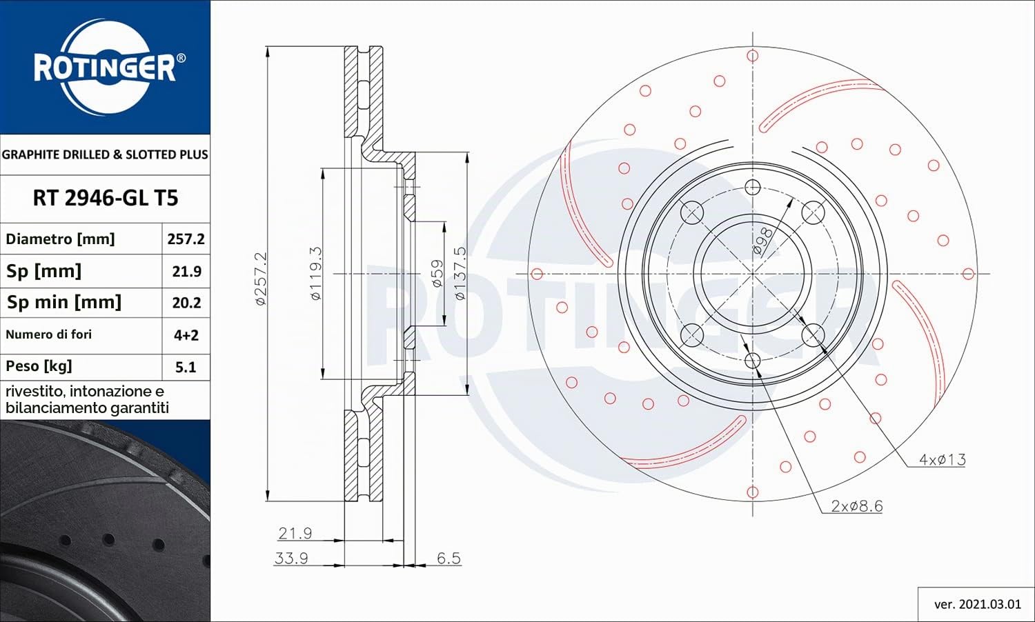 ROTINGER Rotori disco freno (asse anteriore, Set di 2 pezzi) Con rivestimento anticorrosione, RT 2946-GL T5