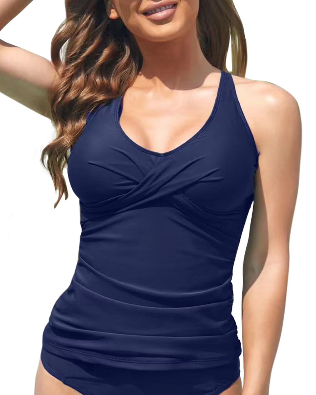 Fanuerg Haut tankini torsadé sur le devant pour femme, débardeur gainant, col en V, sans bas