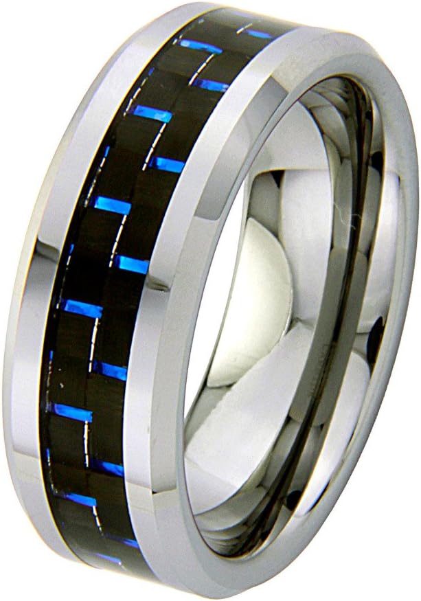 GoldenMine 8mm Blue Carbon Fiber Tungsten Carbide Comfort-Fit Wedding Band Ring (Size 5 to 15) - Size 8.5