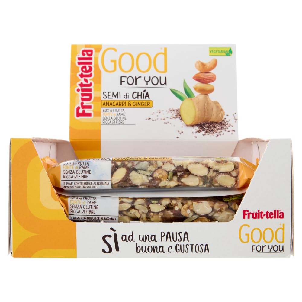 Fruittella Good For You Anacardi e Ginger, Barrette, Healthy Snack, con Mandorle e Semi Di Chia, con Frutta Secca e Disidratata, Confezione da 16 Barrette, Snack Sano Senza Glutine e Ricco di Fibre