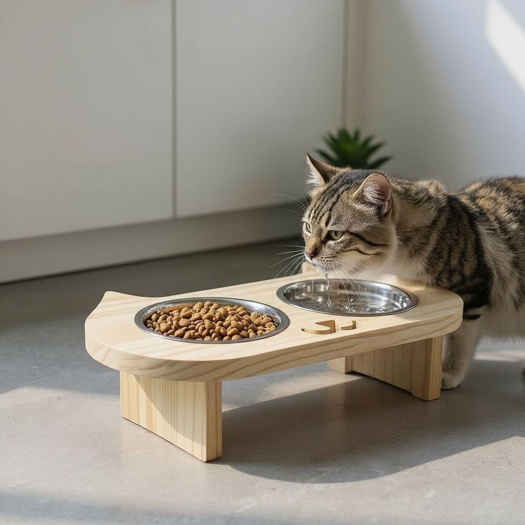 Genérico Comedouro Elevado para Gatos, 2 Tigelas em Aço Inox, Base em Madeira, Tamanho Pequeno, Alimentação e Água Genérico Comedouro Elevado para Gatos, 2 Tigelas em Aço Inox, Base em Madeira, Tamanho Pequeno, Alimentação e Água