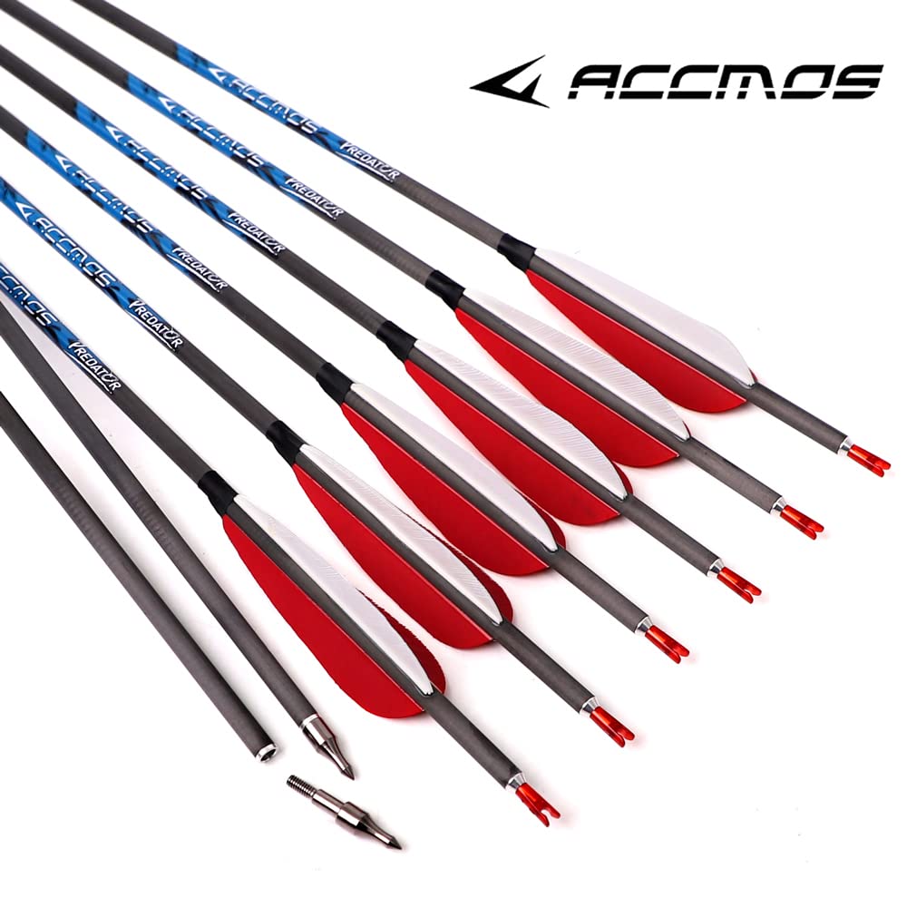 ACCMOS 12St ID 6,2 mm Jagdpfeile Spine 250 300 340 400 500 600 700 800 Pfeil aus Reinem Carbon Länge 26-32 Zoll mit 4 Zoll Rote Weiße Truthahnfeder