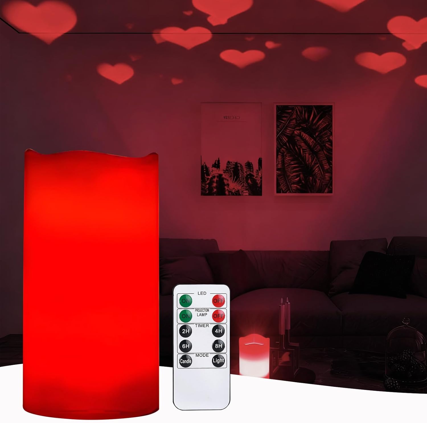 AVEKI Heart Flameless Candles Projector, Valentine's Day LED Pillar Candles with Remote and Timer, Battery Operated Romantic Projection Light for Wedding Holiday Home Decor, Gifts for Women (Love-Red)