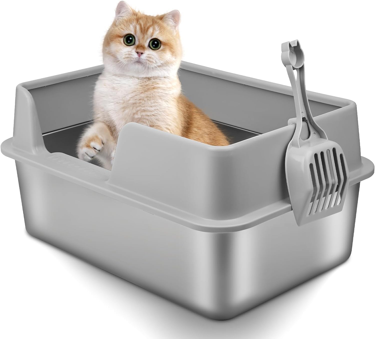 SLEEPHEAD®Stainless Steel Cat Litter Box with Lid, Large Litter Box for Cats Metal Litter Pan Tray with High Wall Sides Enclosure, Anti-Leakage, Non-Sticky, Easy to Clean（50 * 35 * 25）