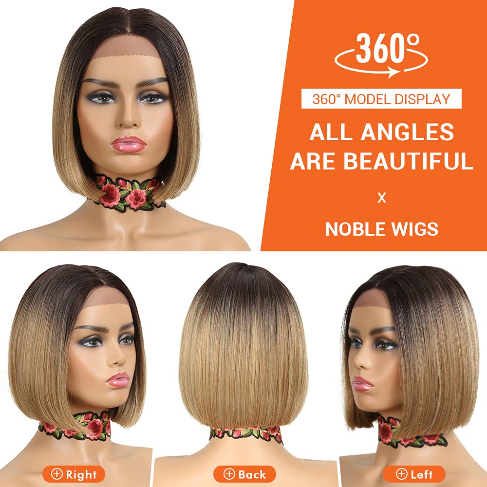 NOBLE Bob Wigs for Women Short T Part HD Lace Front Wigs Ombre Brown Blonde Synthetic Blunt Cut Bob Lace Front Wigs for Party and Daily Use 10 Inch - Image 4