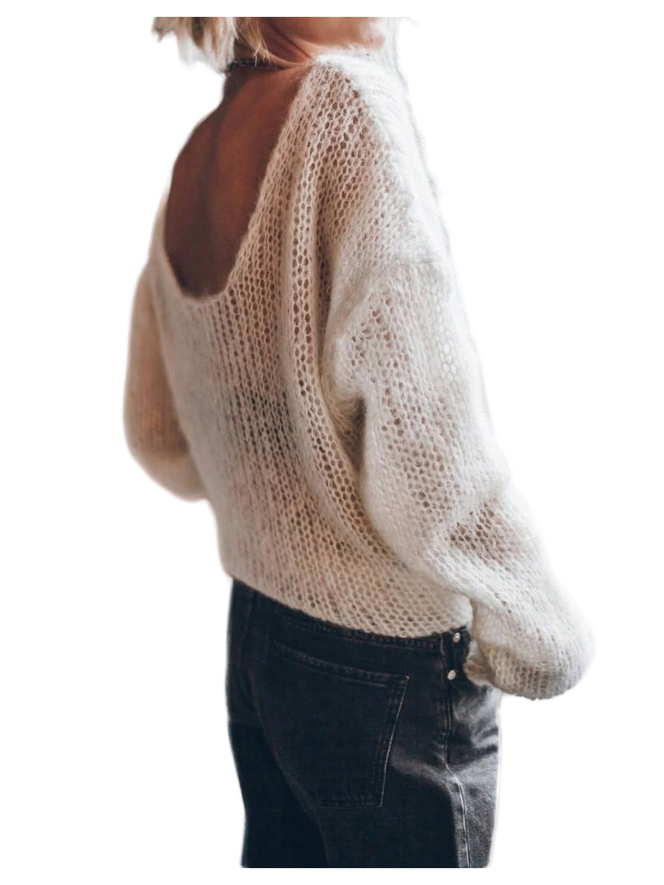Womens Sheer Crochet Sweaters See Through Long Sleeve Knit Loose Pullover Tops