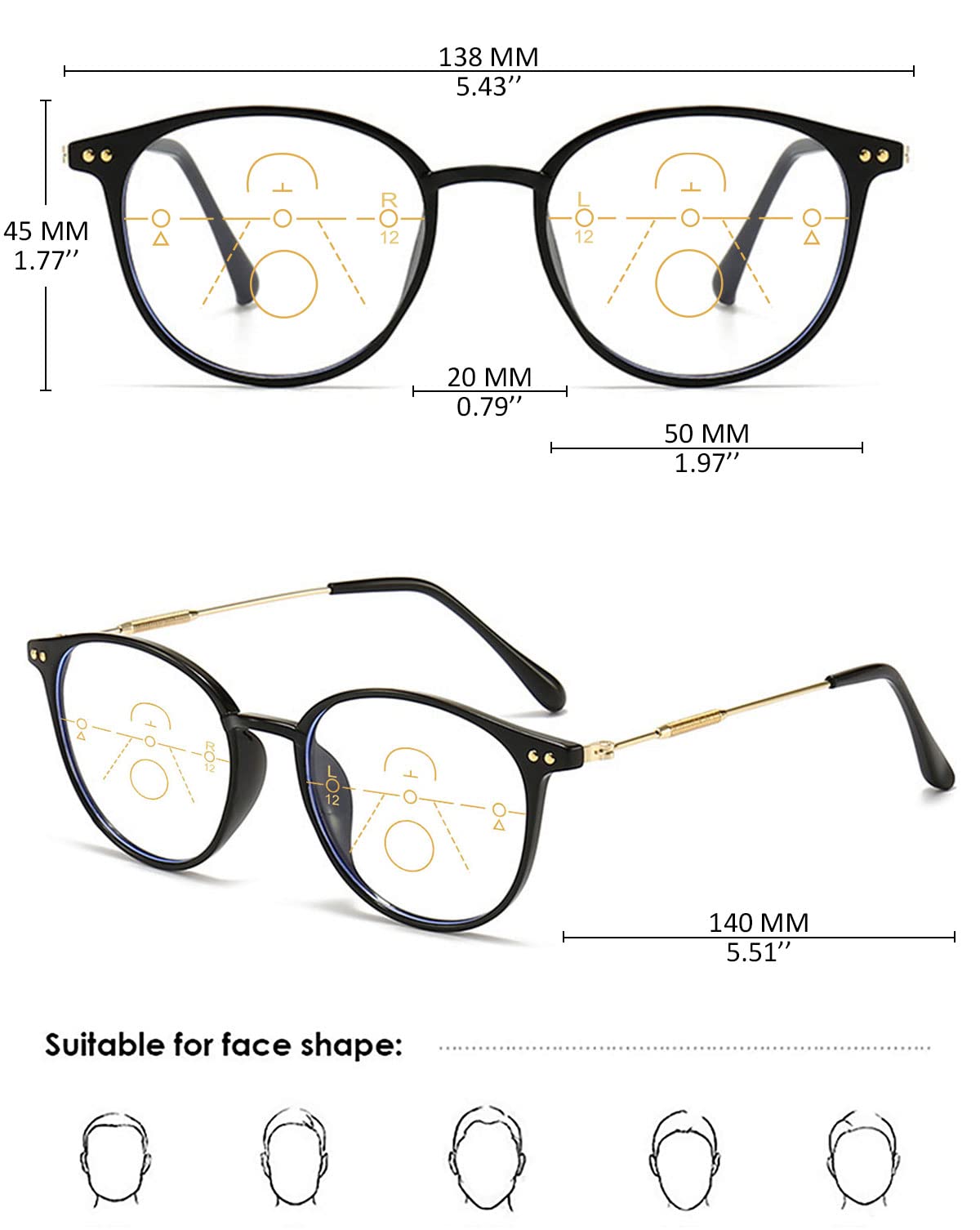 KOOSUFA Gafas de lectura redondas progresivas, multifoco, antiluz azul, gafas de lectura, gafas de ordenador, gafas de trabajo, gafas de metal, ayuda para la lectura, ayuda visual 1.0 1.5 2.0 2.5 3.0