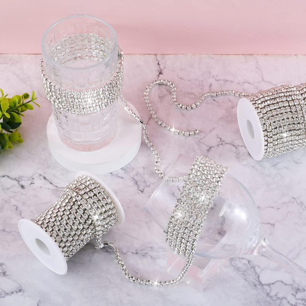 10Yads/Roll 5mm Brass Rhinestone Strass Chain Silver Plated Rhinestone Close Chains Crystal Rhinestone Cup Chains Trim with Spool for DIY Jewelry Wedding Party Decoration Crafts