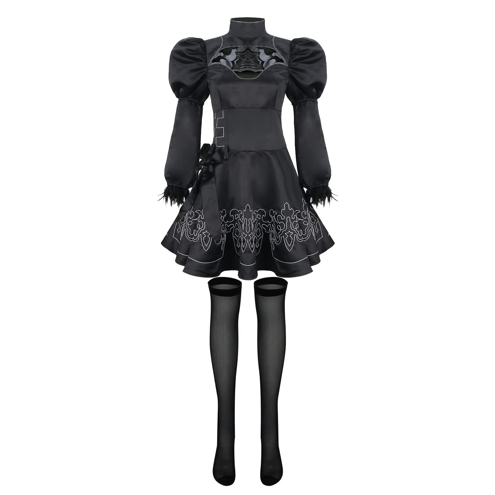 Women No2 Type B Cosplay Costume 2B Cos Uniform Outfit with Stockings Halloween Dress Black Embroidery Puff Sleeves