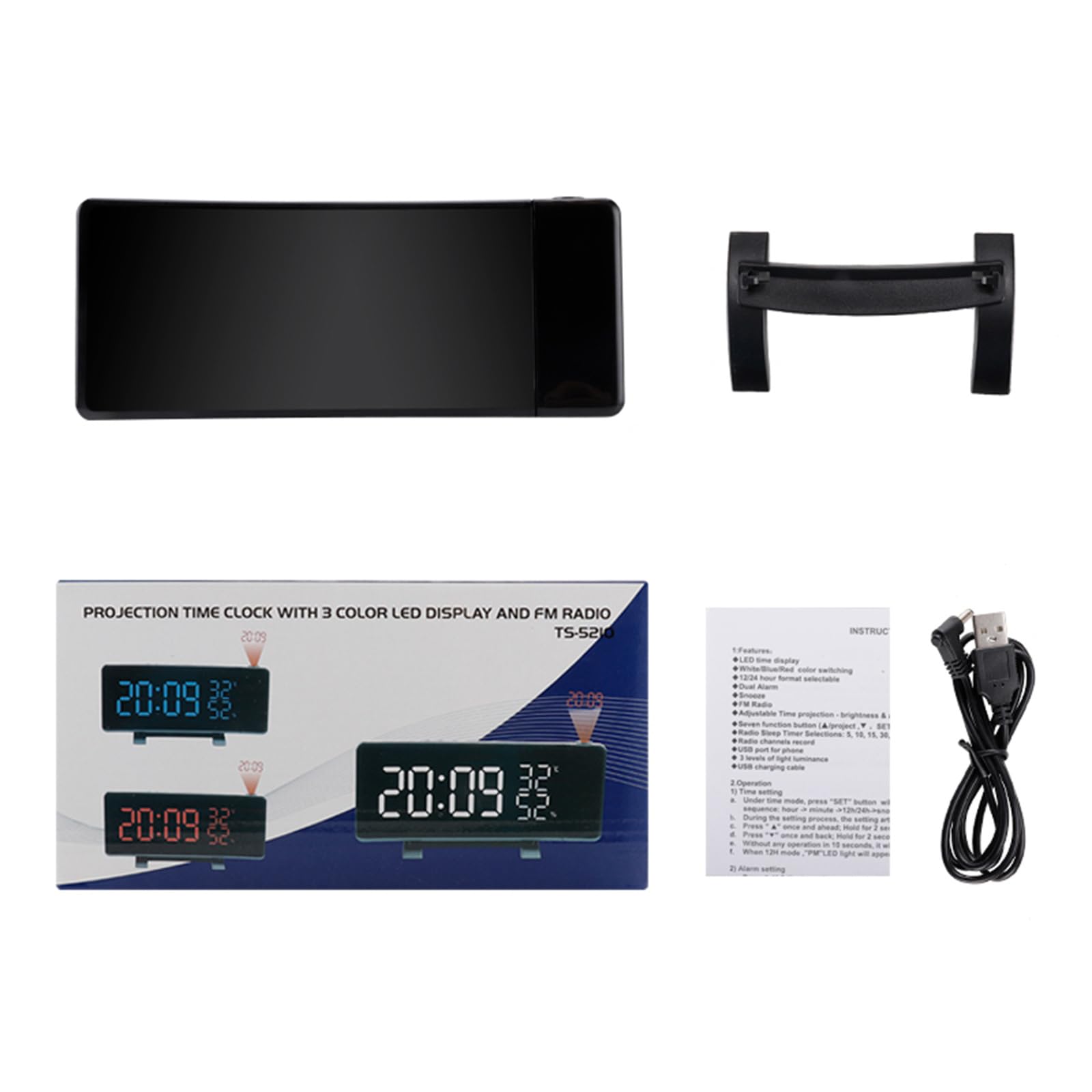 PANGBOER Digital Alarm Clock with 180 Degree Rotating Projection LED Display Snooze USB Charging Port and 2 Alarms for Bedroom Brightness Dimmable LED Display Clock