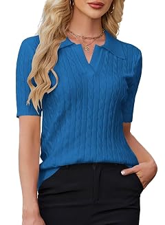 FEKOAFE Womens Short Sleeve Sweaters Tops Cute Lapel V Neck Cable Knit Sweater Casual Pullover Polo Shirts 2025