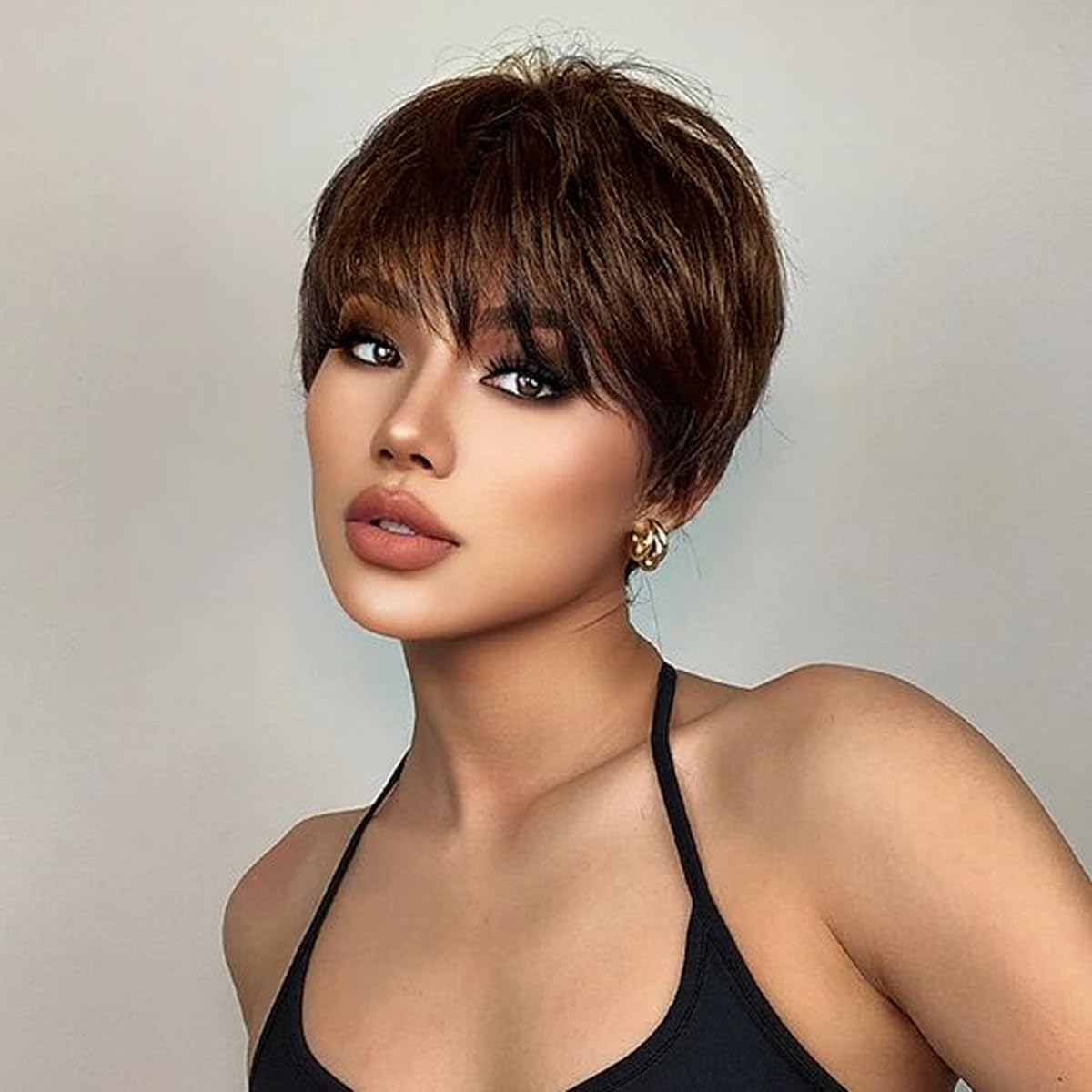 PHOCAS Short Browm Human Hair Wigs for Women Pixie Cut Wig With Bangs Natural Fashion Straight Short Hair Wigs
