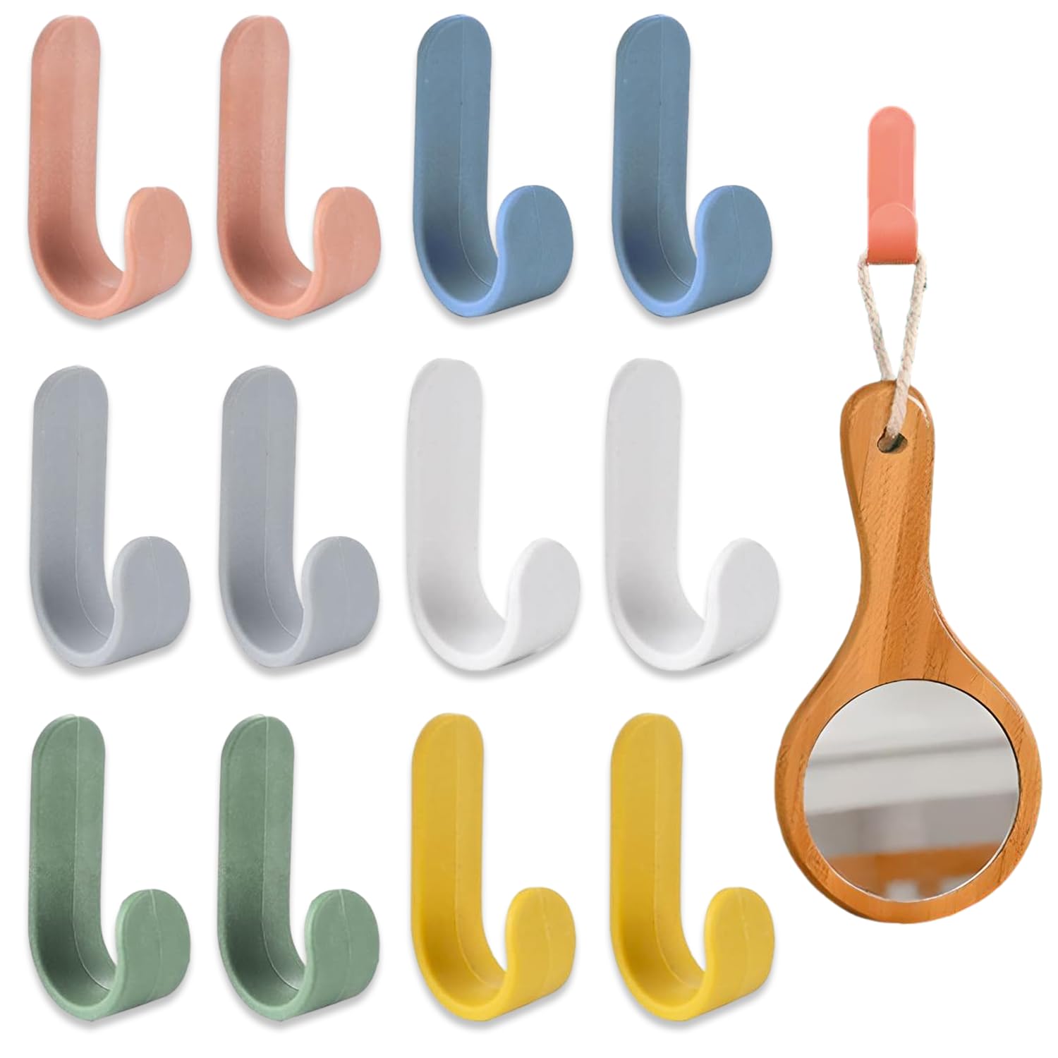 TuseRxln Colourful Plastic Self Adhesive Hooks, 12 Pcs Wall Hanging Cute Powerful J-Shaped Hooks, Heavy Duty and Strong Wall Hanger Creative for General Bathroom Kitchen Use
