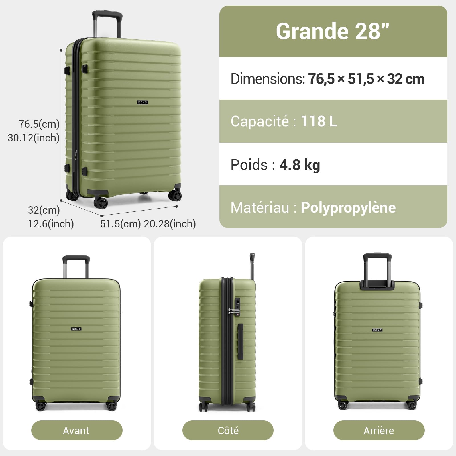 Kono Valise 76 cm Rigide PP Grande Taille - Trolley Extensible Léger 28 Pouces, Roues 360° TPE, Porte-gobelet Pliable et Serrure TSA, (28", Vert)