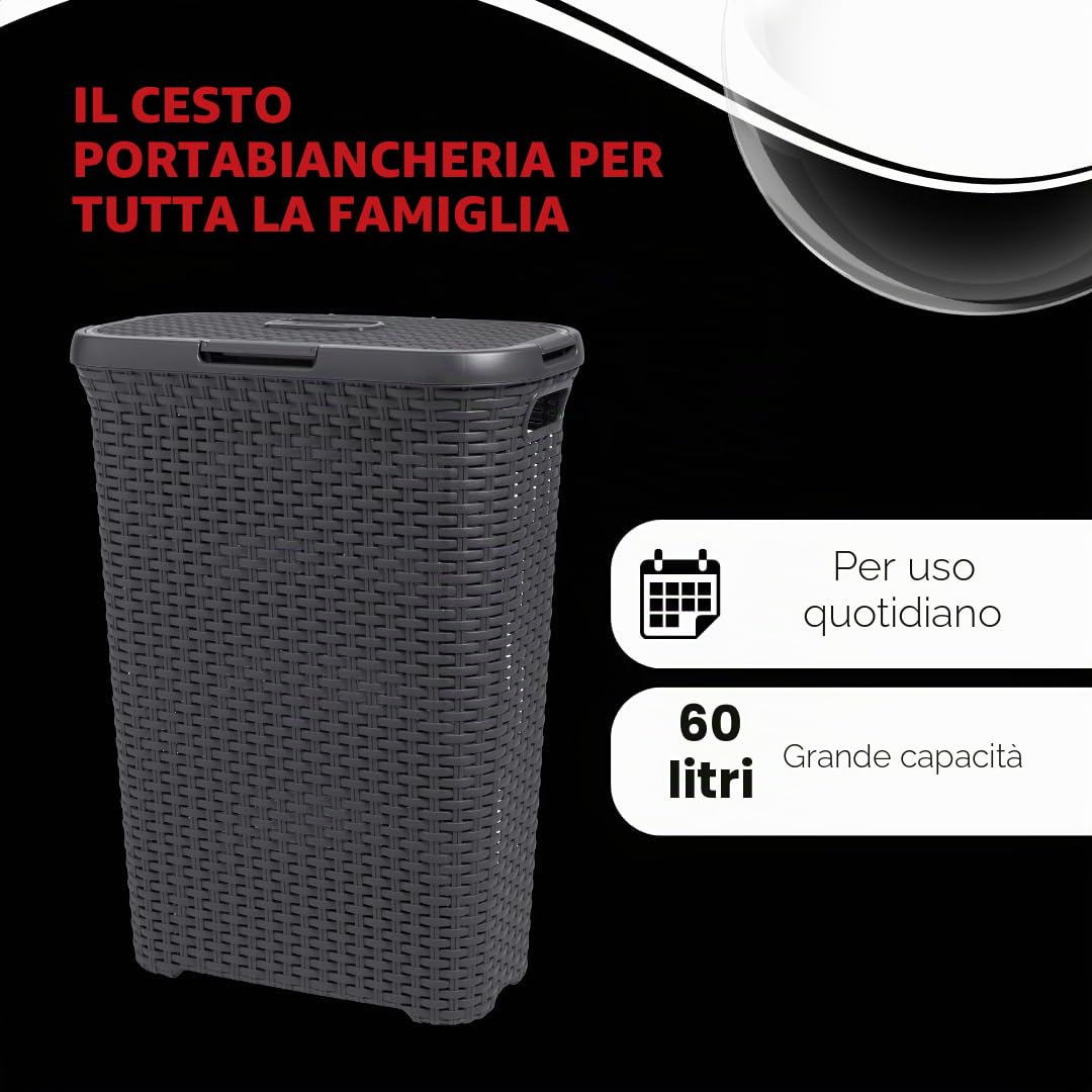Curver 189211 - Cesto per biancheria in polipropilene aspetto vimini, 60 L, Nero