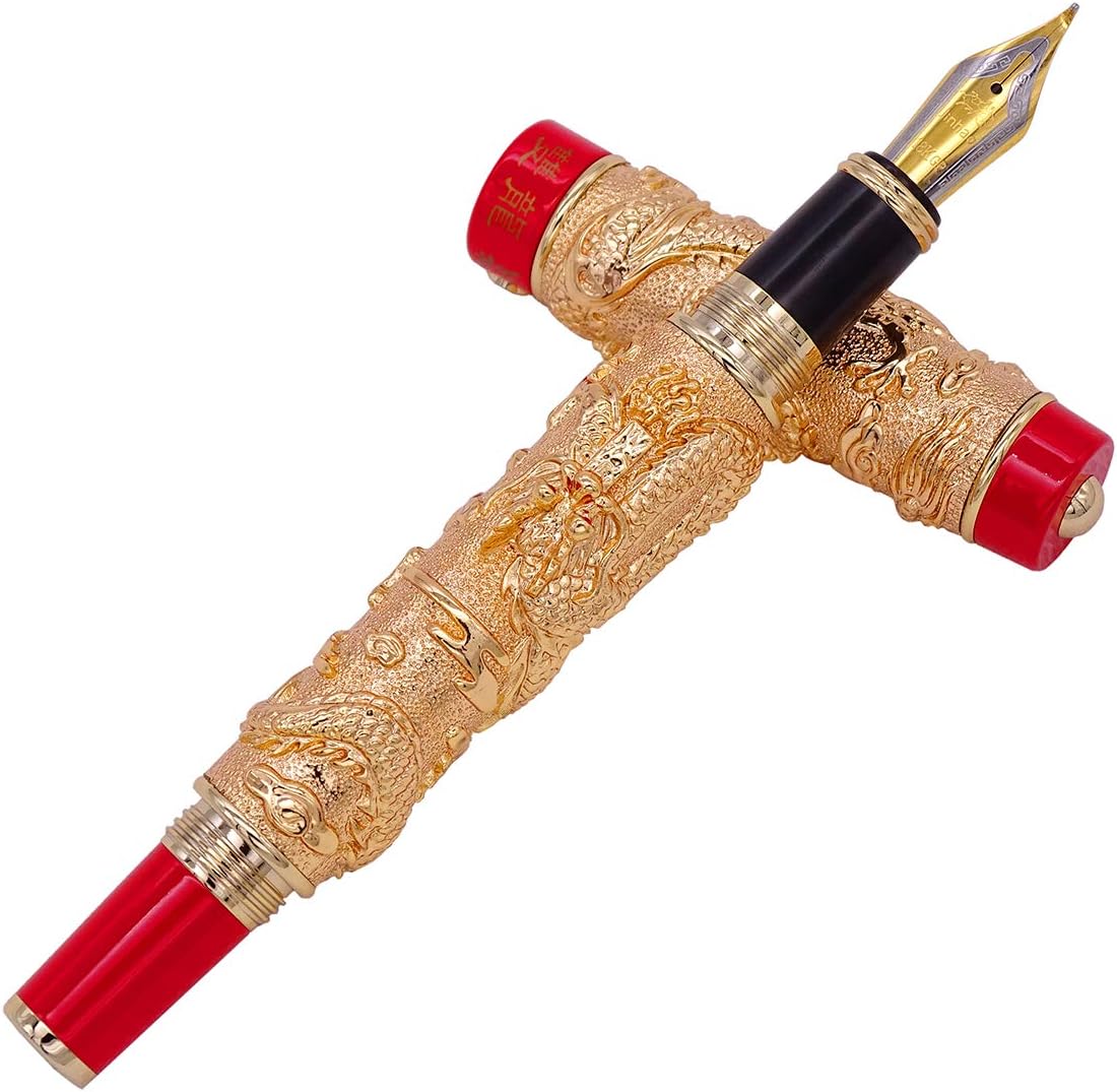 Chinese Dragon Fountain Pen Gold Red Color, Fude Pen Bent Nib (Fine to Broad Size) for Art Drawing Calligraphy Handwriting by Jinhao