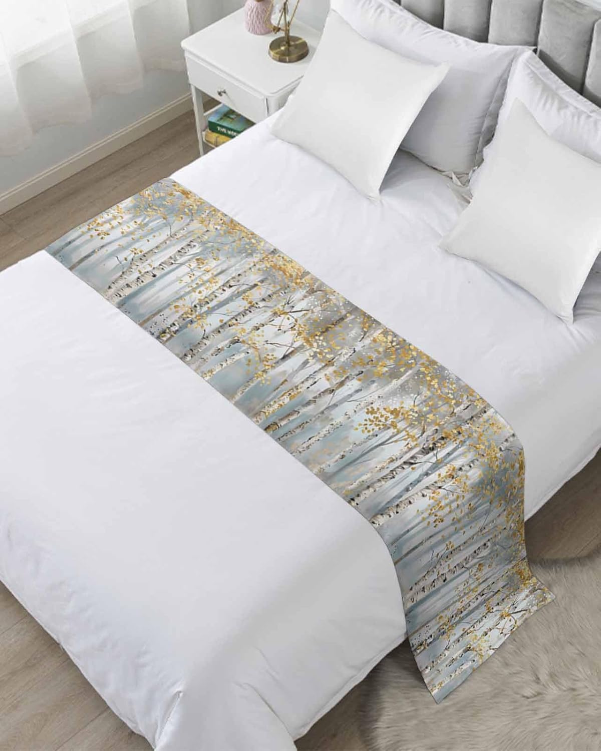 Modern Impressionist Tree Bed Runner Scarf Cal King Size,Bed Throw Runners&Scarves for Twin Full Queen King Foot of Bed,Bedroom Hotel Wedding Room Decoration,Abstract Oil Painting Yellow Gray 102"x20"