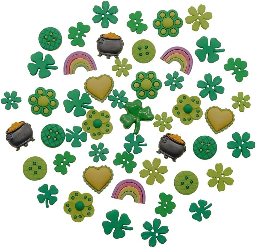 St. Patrick's Day Button Assortment – 50 Piece Novelty Buttons for Crafts & Sewing – Shamrock, Rainbow, Pot of Gold, and Green Heart Designs