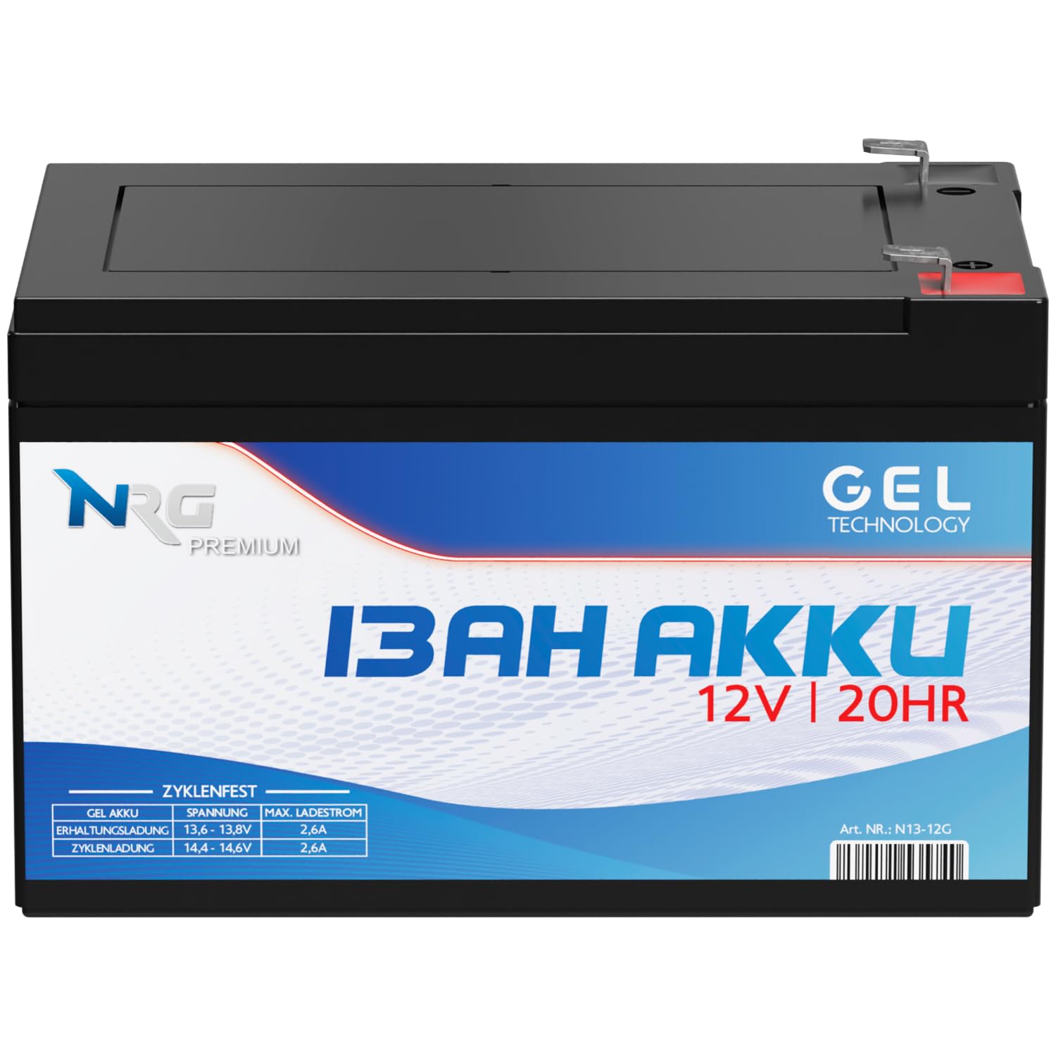 NRG Akku 12V 13Ah Gel Blei-Akku Profi-Akku zyklenfest verschlossen vorgeladen ersetzt 12Ah 10Ah