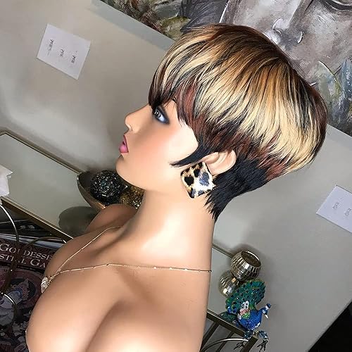 Miniatura 9 de Pelucas onduladas para mujeres negras, peluca de cabello humano Bob con flequillo, pelucas de corte Pixie, sin encaje frontal, peluca sin pegamento,