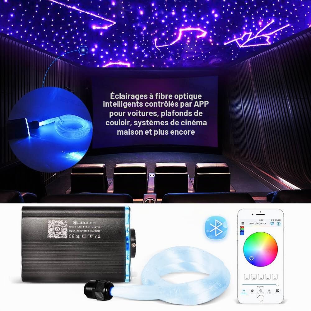 Kit d'éclairage fibre optique LED Smart App pour éclairage d'étoile plafond,lampe d'ambiance voiture avec télécommande RF 200 câble fibre optique 2m,0.75 mm,moteur lumière RGBW avec activation musique