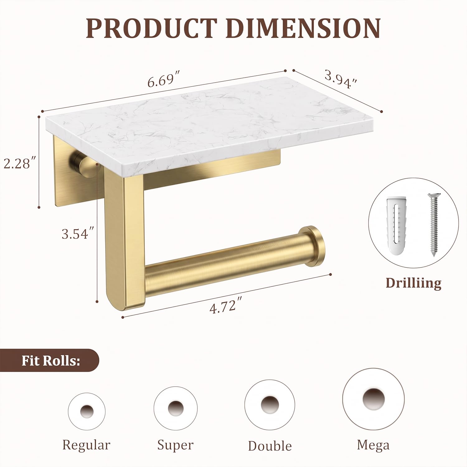 BWE Brushed Gold Toilet Paper Holder with Marble Shelf Wall Mounted — Amazon image 8