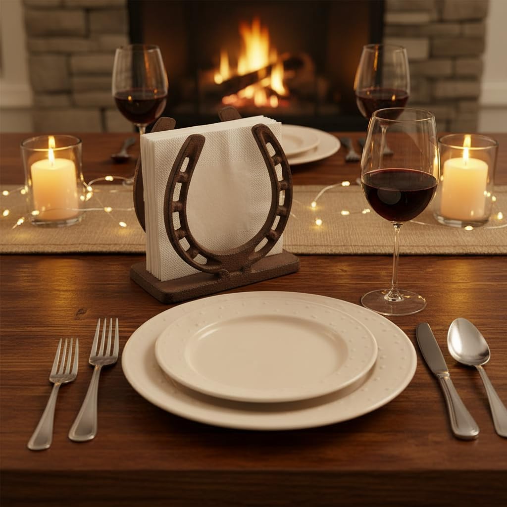 Comfy Hour Heavy Duty Cast Iron Horseshoe Napkin Holder, Rustic Farmhouse Napkin Dispenser for Table, Weighted Western Decor for Kitchen Countertop, Outdoor Picnic & BBQ, Antique Brown