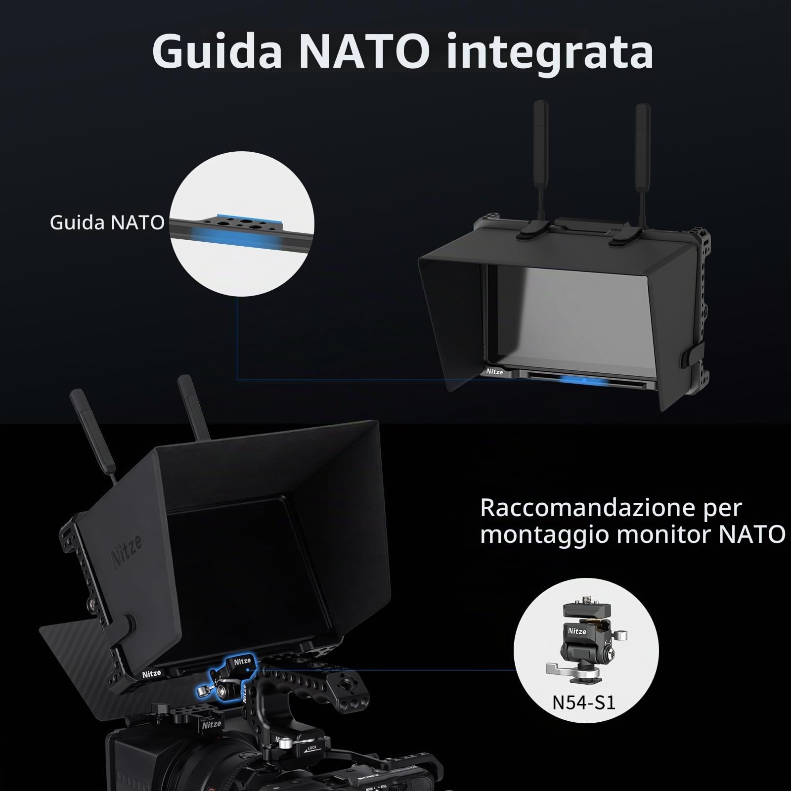 Nitze Gabbia per Monitor Hollyland Pyro 7 con Paraluce in Pelle PU e Guida NATO Integrata - JT-H02B
