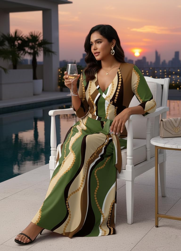 FANDEE Women's Maxi Dress V-Neck 3/4 Sleeve Casual Empire Waist Tie Belt Dress for Curvy Women