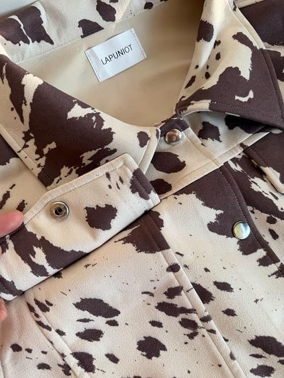 Women's Animal Print Denim Jacket Casual Cow Print Jacket Long Sleeve Button Up Motorcycle Cropped Coats - Image 6