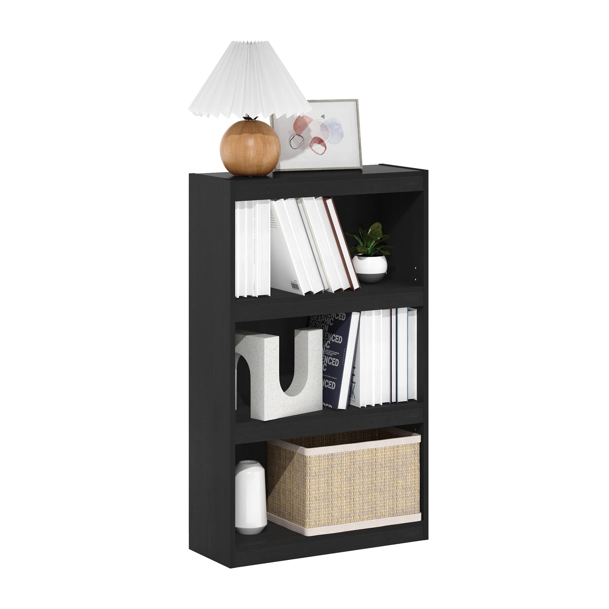 Furinno JAYA Book Shelf, 3-Tier Bokshelf, Enhanced Home Bookcase with Adjustable shelf, 9.5 x 24.5 x 40.3, for Living Room, Bedroom, Home Office, Blackwood