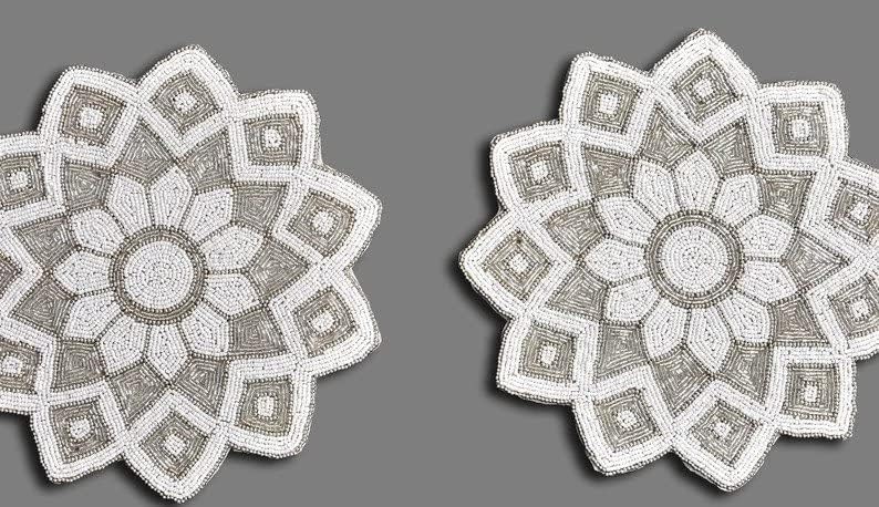 White And Silver Placemat, Handmade Beaded Placemat, Set Of Dining Tablemat, Designer Charger Plate Beaded Charger Placemats,Holiday & Christmas Beaded Placemats 13X13 Inches Set Of 6 Mats