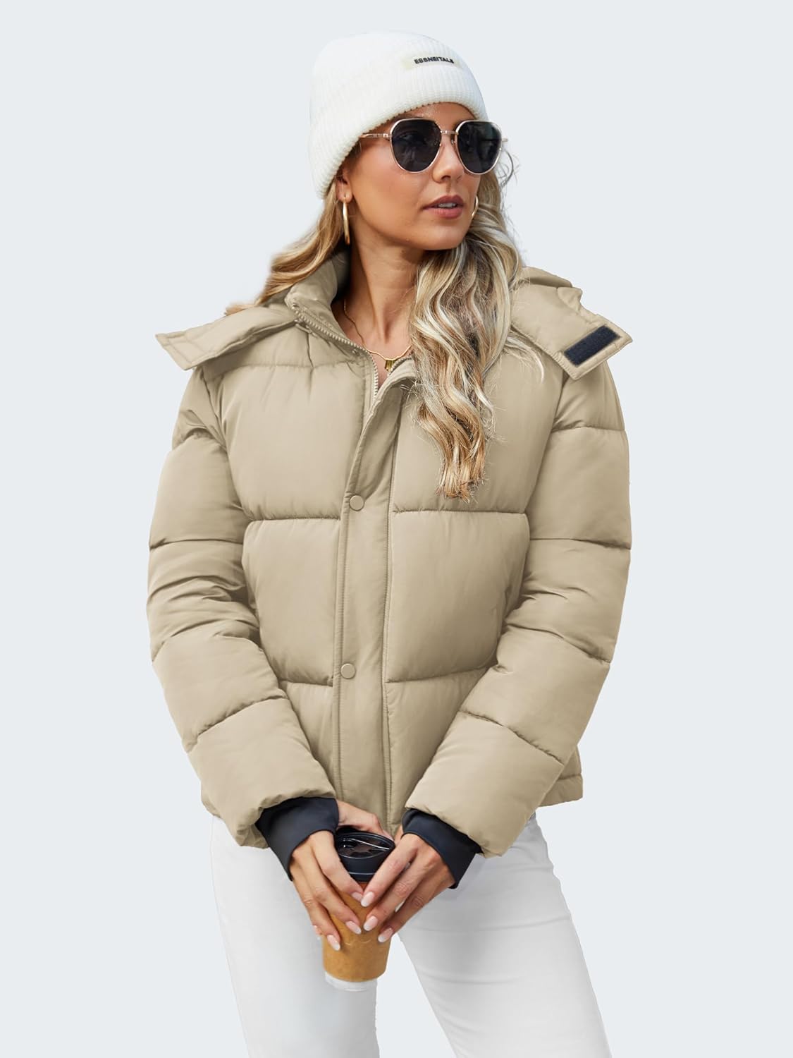 Funlingo Women's Cropped Puffer Jacket with Removable Hood Winter Zip Up Snap Button Warm Trendy Quilted Coat - Image 2