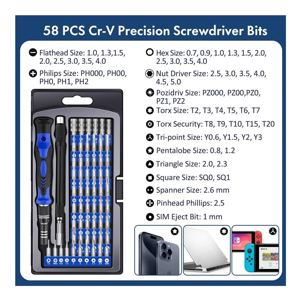 Set di cacciaviti di precisione 62 in 1 con cacciavite magnetico CR-V in acciaio con albero flessibile Torx Phillips (6364)