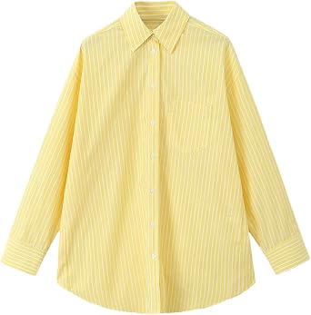 Hdhdeueh Women Striped Button Up Long Shirts Oversized Long Sleeve Pockets Casual Blouses