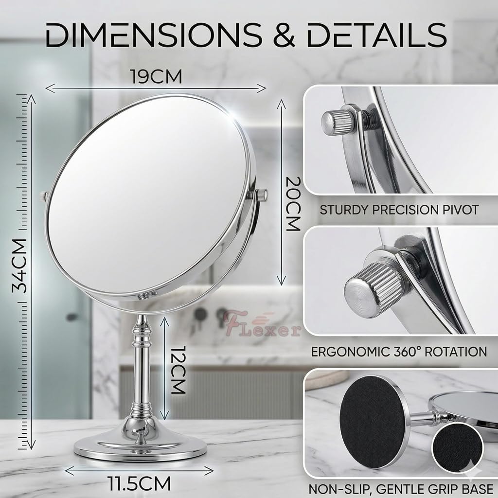 FLEXER Dual Sided Magnifying Tabletop Mount Oval Plastic Frame Mirror 5X And 1X Make Up Mirror Portable Table Mirrors With Stand For Woman&Man Chrome Finish (Silver) 3