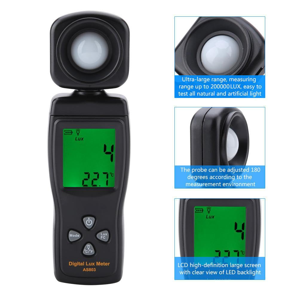 Fyearfly Luxmetro Digitale, 1-200.000 Lux As803 Tester di Illuminazione Misuratore di Luminosità Ad Altissima Portata, Esposimetro in Tempo Reale, Si Adatta alla Luce Naturale E Ai Fari delle Auto