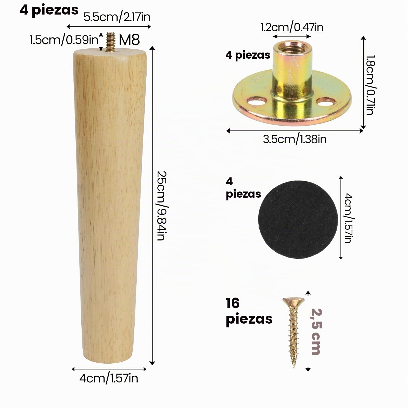 4 Piezas Patas para Muebles de Madera Patas de Madera para Muebles con Placas de Montaje Tornillos Patas para Sofá, Banco, Mesa de Té, Silla, Escritorio, Armario, Otomana (25cm)