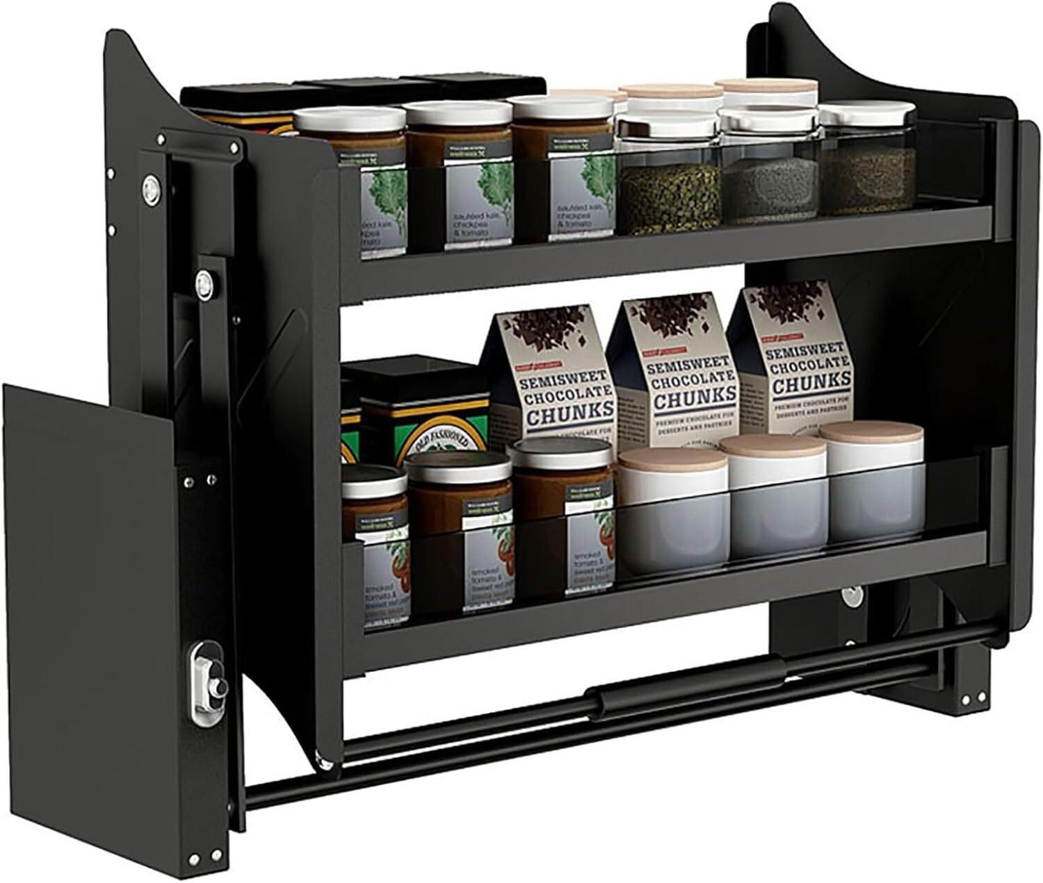 Organizer da cucina a 2 ripiani estraibile per armadio da cucina con ripiano integrato salvaspazio per utensili sollevabili, nero, monocolore, armadio da 90 cm