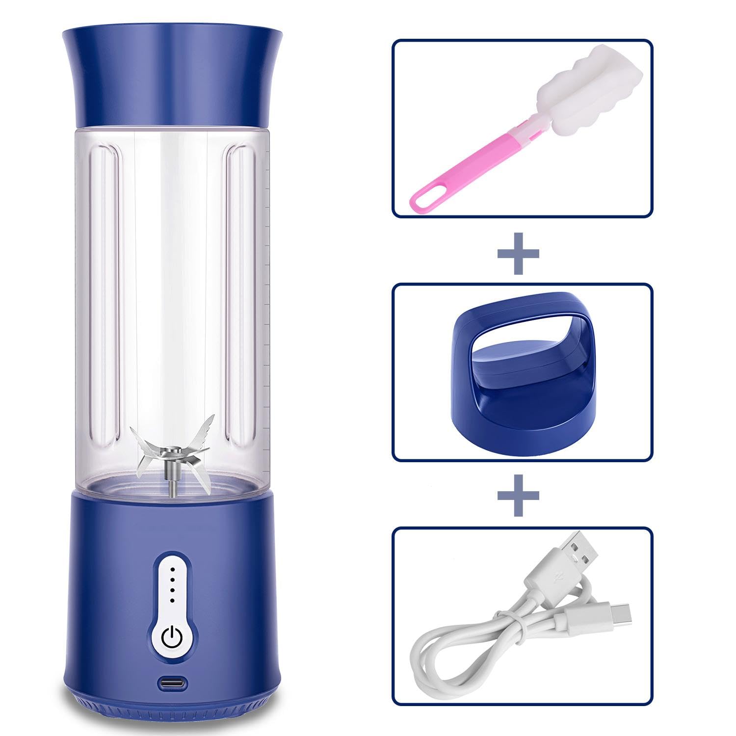 Draagbare mixer, 380 ml, mini-mixer voor shakes en smoothiemaker, USB- oplaadbaar met roestvrijstalen messen en krachtige motor voor sap, groene smoothies, camping, sportschool