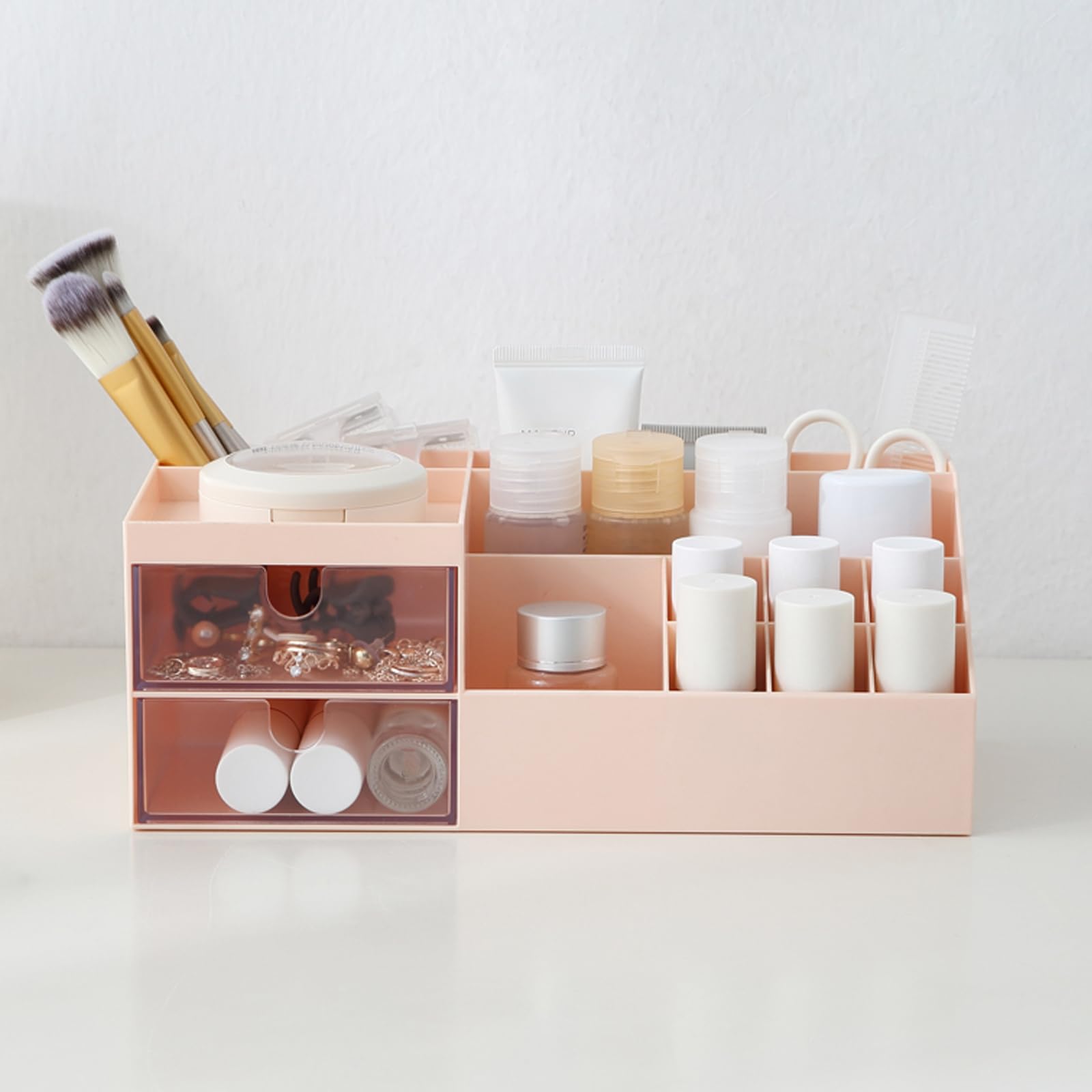 NWK Makeup Organiser Large Cosmetic Brush Holder Display Storage Box Bag Bathroom Dresser Desk Office Storage Organizer with 2 Drawers and 11 Compartments