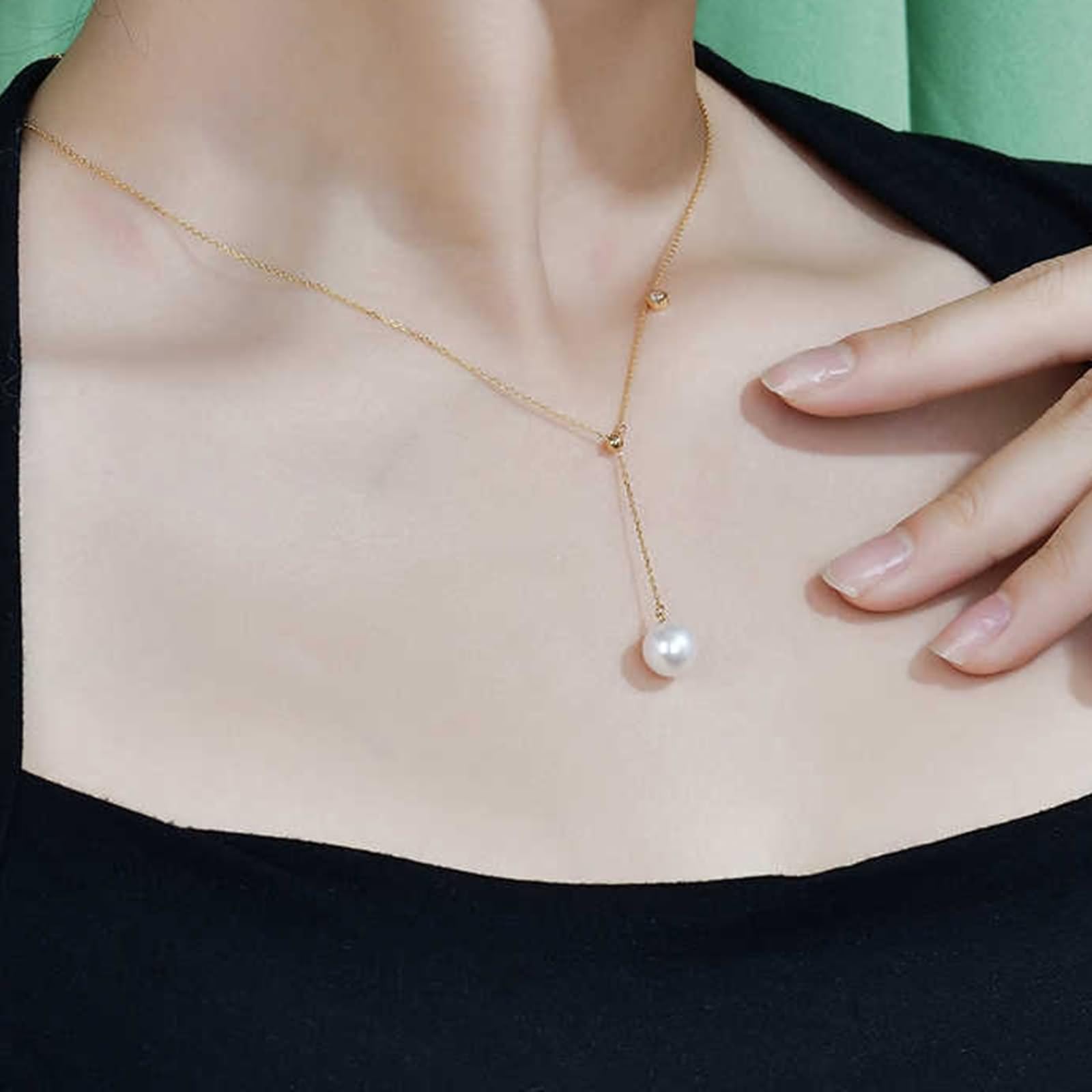 Damski łańcuszek na szyję, naszyjnik w stylu vintage, 8,5 mm, naszyjnik z pereł Y, ze szlifem okrągłym, diamentowym żółtym złotem