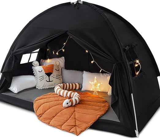 Full Size Bed Canopy Bed Tents Dream Tent on Bed Privacy Space Blackout Sleeping Tents Indoor Breathable Portable Cottage Drafty Room Floor (Large Black)